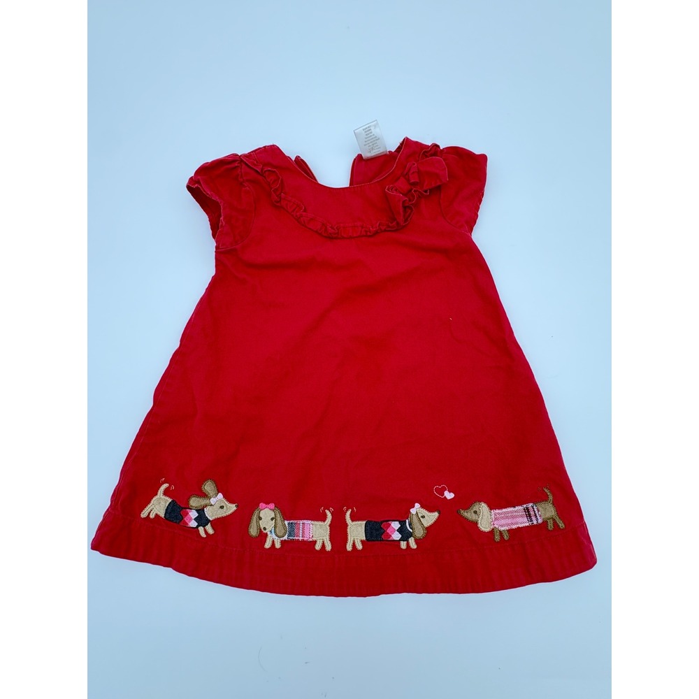 Gymboree Dress Girls 12-18M Red Weiner dog embroidered Dachshund Puppy Ruffle